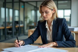 Professionnelle annotant des documents de termes de référence dans un bureau moderne