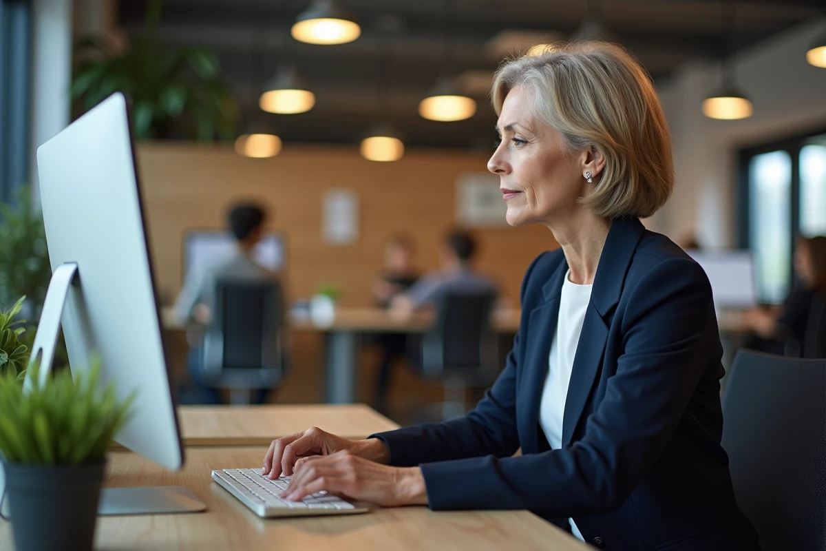 Femme réinitialisant son mot de passe de compte locataire MyFoncia sur un ordinateur de bureau dans un espace de coworking
