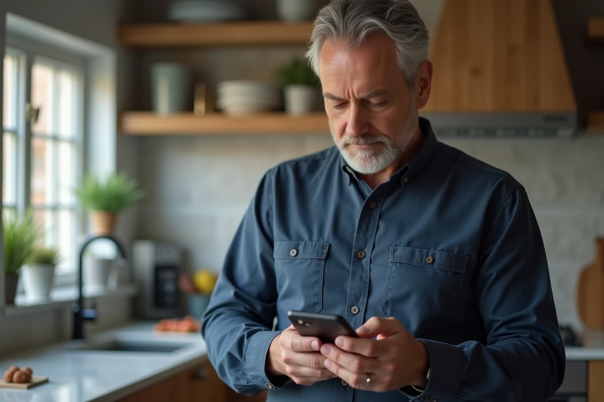 Homme consultant un email de réinitialisation de mot de passe sur son smartphone dans une cuisine moderne