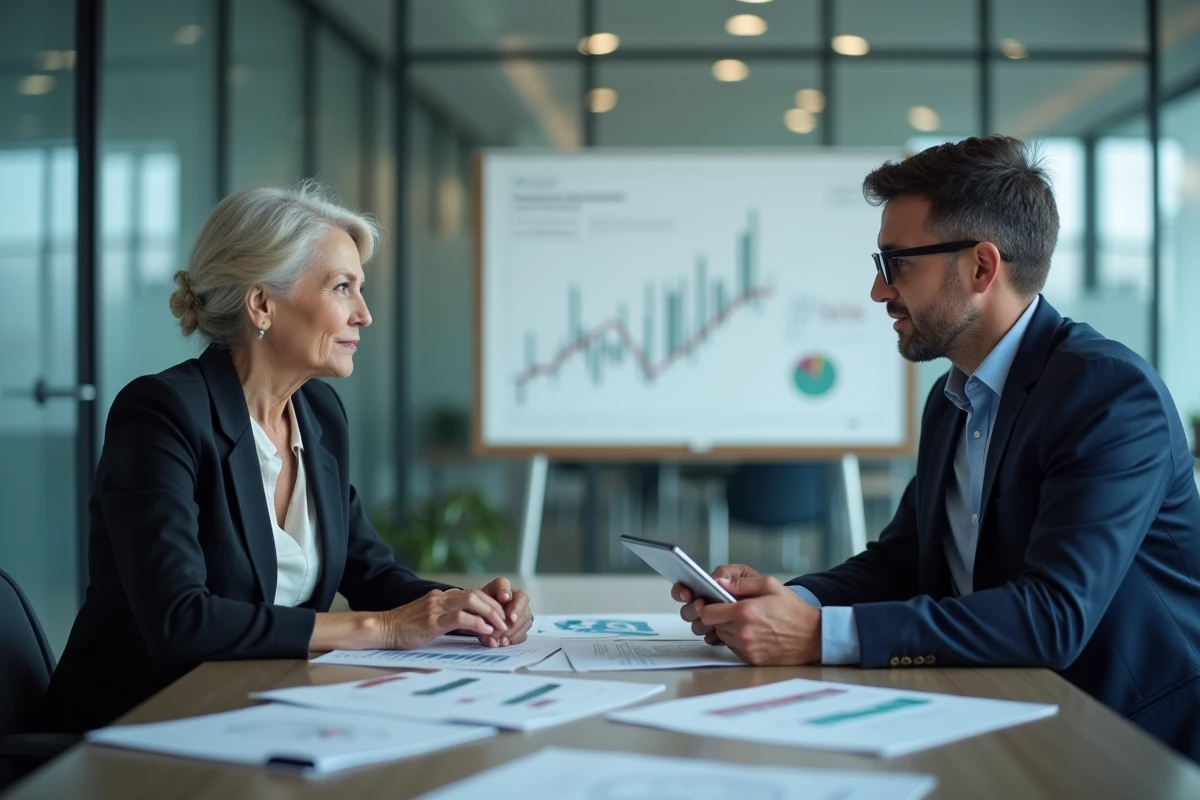 Deux professionnels de la finance en réunion discutant de stratégies d'investissement et de dynamisation du capital