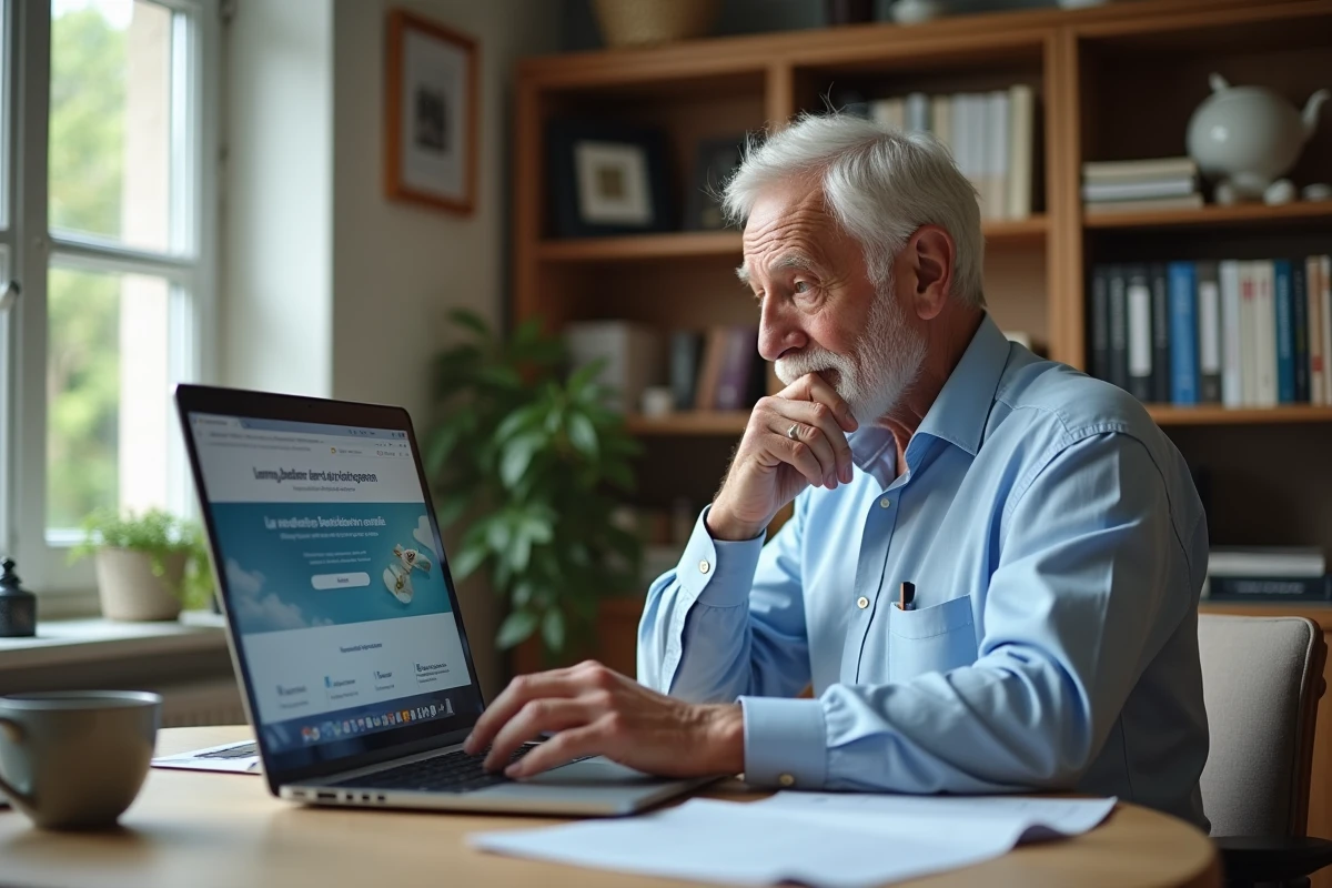 Senior homme consultant son espace retraite complémentaire en ligne depuis son bureau à domicile
