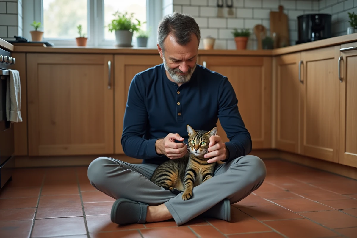 Homme qui coupe les griffes de son chat tigré dans une cuisine rustique moderne