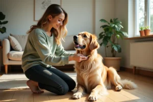 Femme qui brosse son golden retriever dans un salon moderne et cosy au quotidien