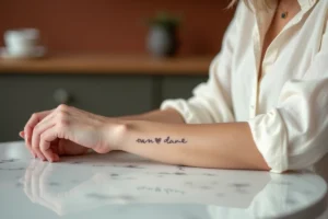 Tatouage cœur avec prénom en écriture cursive sur le poignet intérieur d'une femme dans un café minimaliste