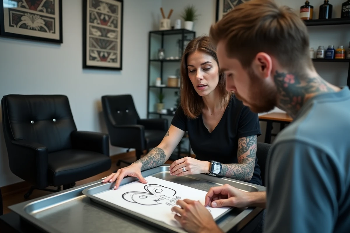Cliente et tatoueur discutant d'un motif cœur avec prénom dans un studio de tatouage professionnel