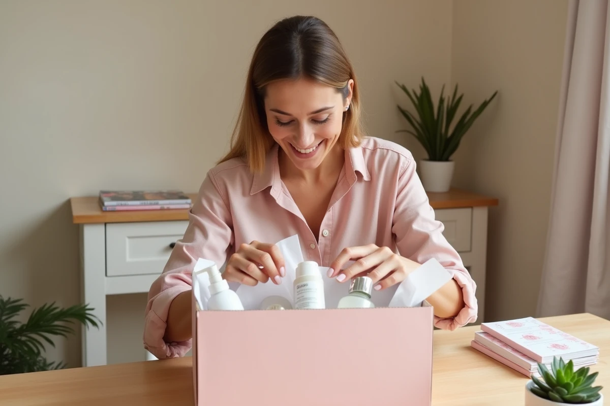 Donna che disimballa una box bellezza Luvly con prodotti per la cura avvolti in carta velina su una scrivania in legno