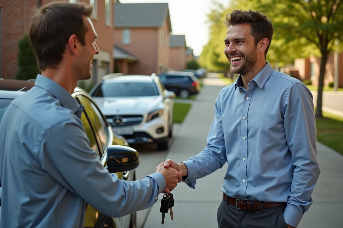 Vendeur remettant les clés à un acheteur satisfait devant une voiture